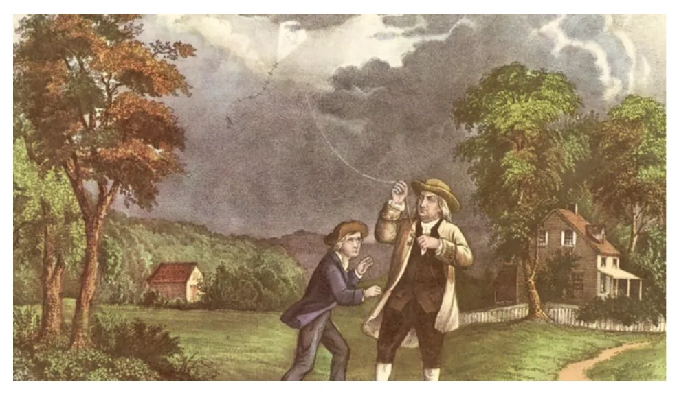 本杰明·富兰克林 1752 年的电学实验（Currier & Ives, 2009）