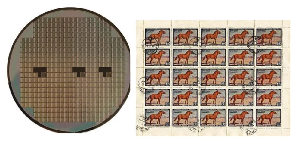 制造完成的晶圆与邮票纸对比（Silicon Wafer, 2010）（STAMPRUS, 1959）